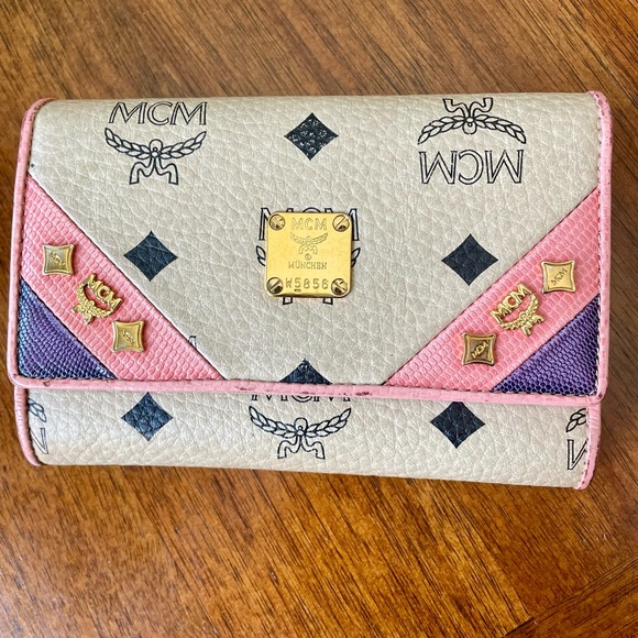 MCM Visetos Studded Trifold Wallet Paste Pink Purple - Picture 5 of 14